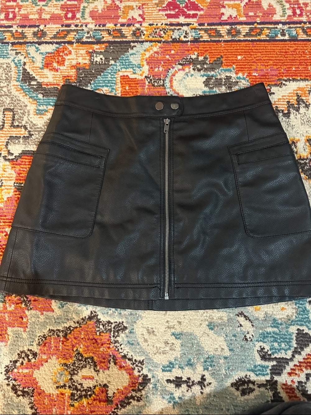 Free People Black Faux Leather Front-Zip Mini Skirt